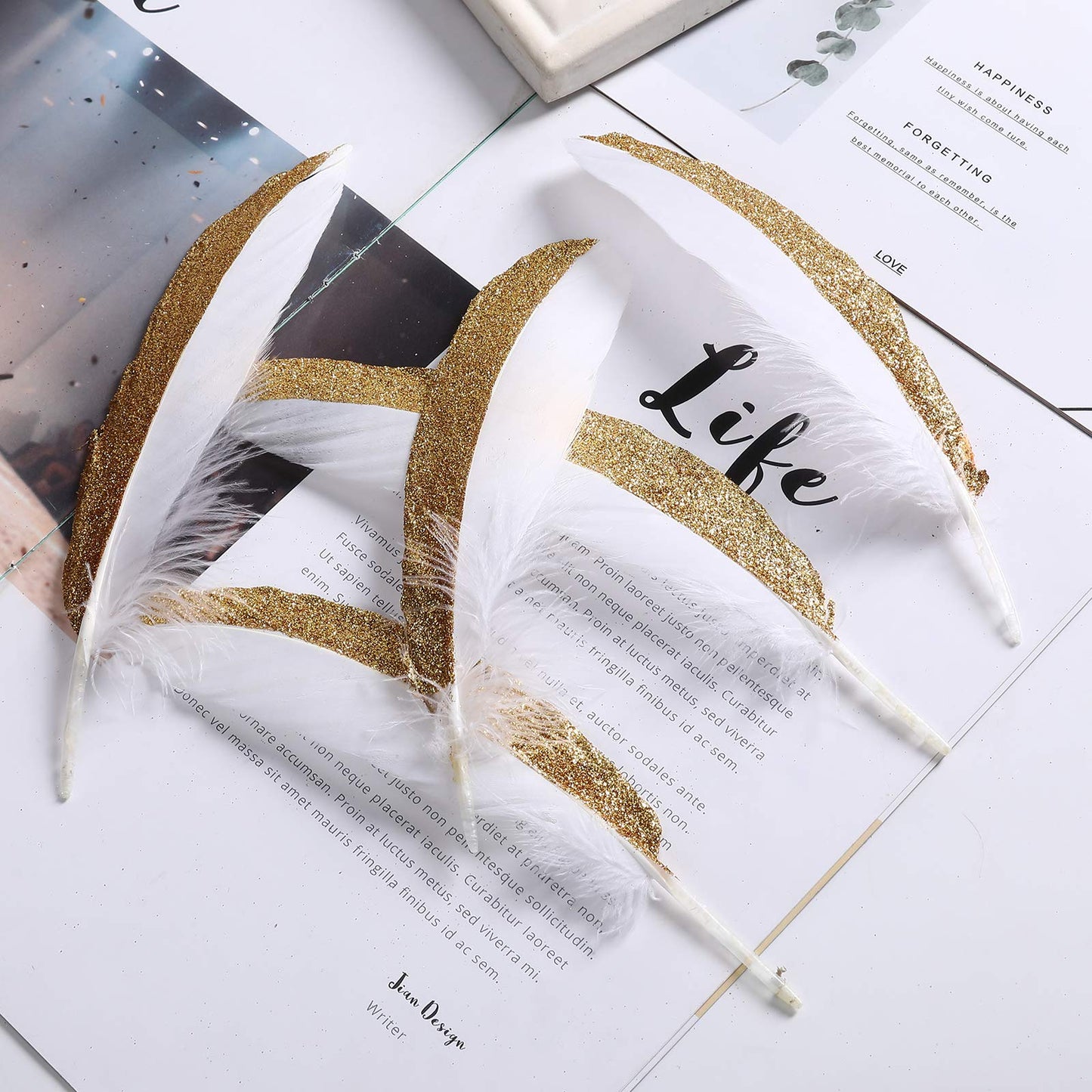 50pcs Natural Goose Feathers Dipped Gold Silver Goose Feather Length in 6-8inches for Party Decor Art Craft(White Half Gold)