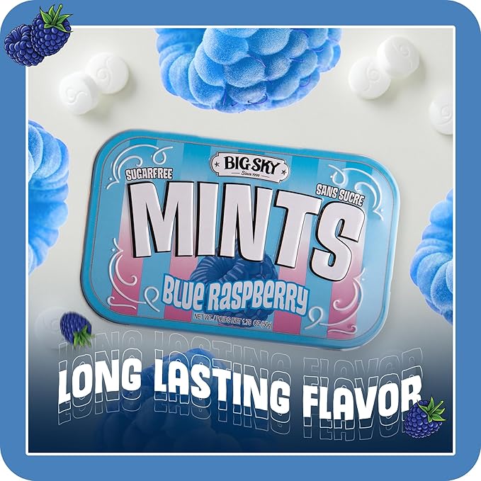 Big Sky Sugar Free Mints Blue Rasberry | No Artificial Colors or Flavors | Kosher, Vegan, Gluten Free | Aspartame & Xylitol Free | 50 Count Tin (Pack of 6)