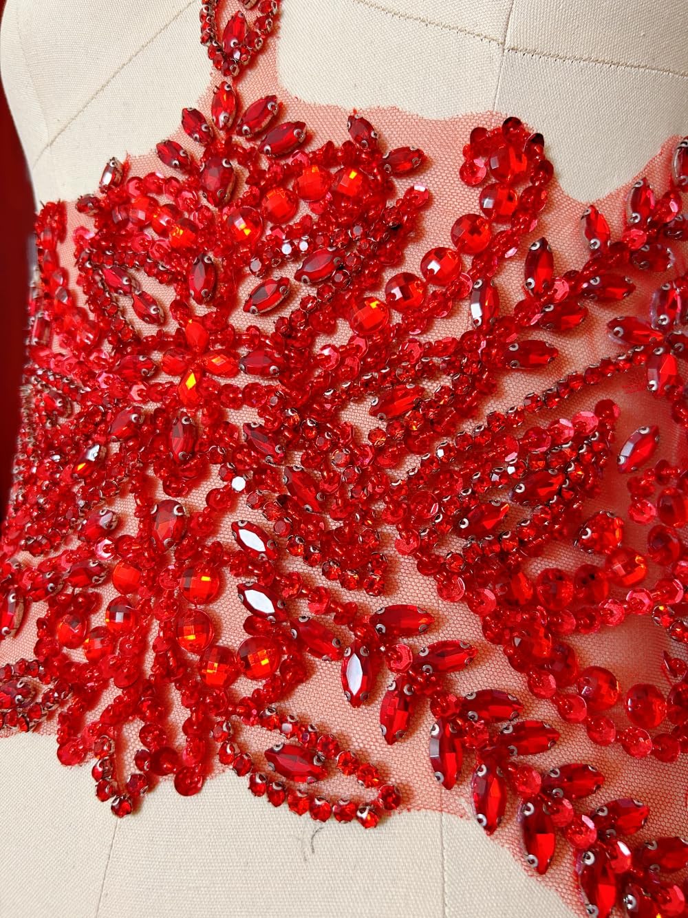 Handmade Beaded Waist Decoration Patches - Removable Rhinestone Appliques for Clothing, Belts, DIY Costume Accessories (Red)