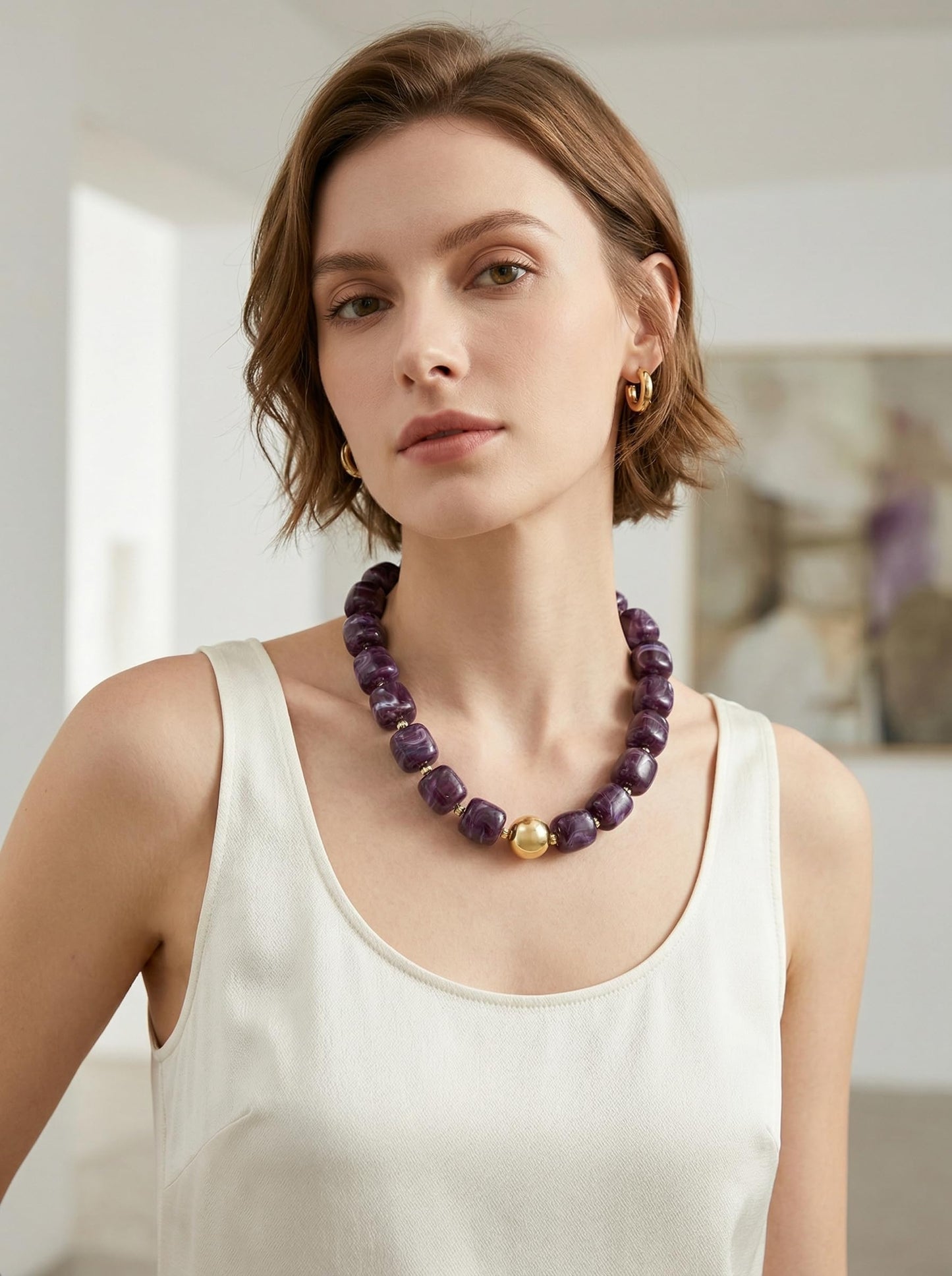 BREPINE Purple Chunky Necklaces for Women Multicolored Large Square Resin Beads Necklace Trendy Bold Statement Beaded Summer Candy jelly Vacation Choker