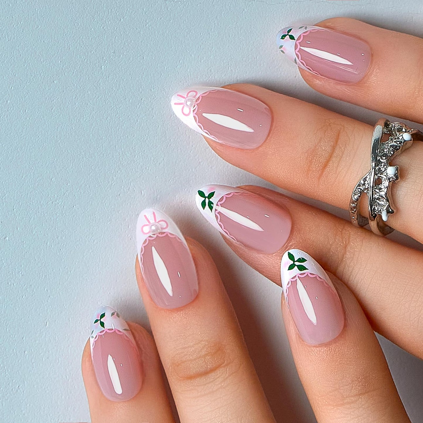 CurvLife Soft Gel Almond Press On Nails Medium, Long-Lasting Reusable Fake Nails Kit with Glue & Tabs, 30pcs Salon-Quality Stick On Nails for Women At-Home Manicure (Lace Bloom)