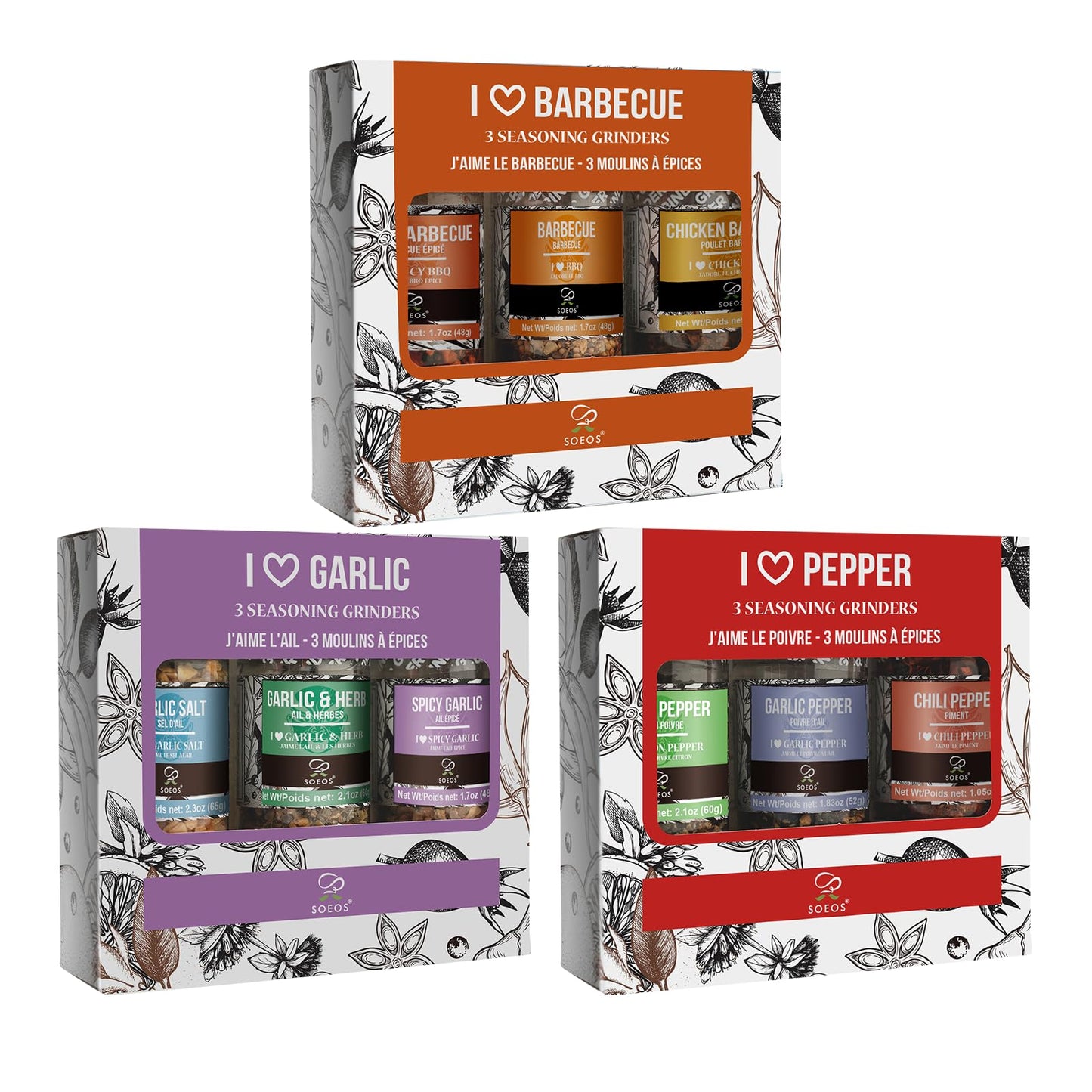 Soeos Spice Seasoning Set of 9 with Integrated Grinders, Individual Spice Grinder, Pure and Fresh Perfect for BBQ Seasoning Gift Set, Grilling Spice, Pepper Grinder,colorful