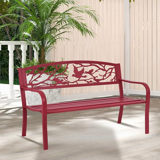 Giantex 50”Outdoor Bench with Cast Iron Backrest & Ergonomic Armrest,600 lbs Steel Metal Frame, Garden Bench for Park Front Porch Patio Lawn Backyard Balcony Path Entryway Deck, Red Bird Pattern