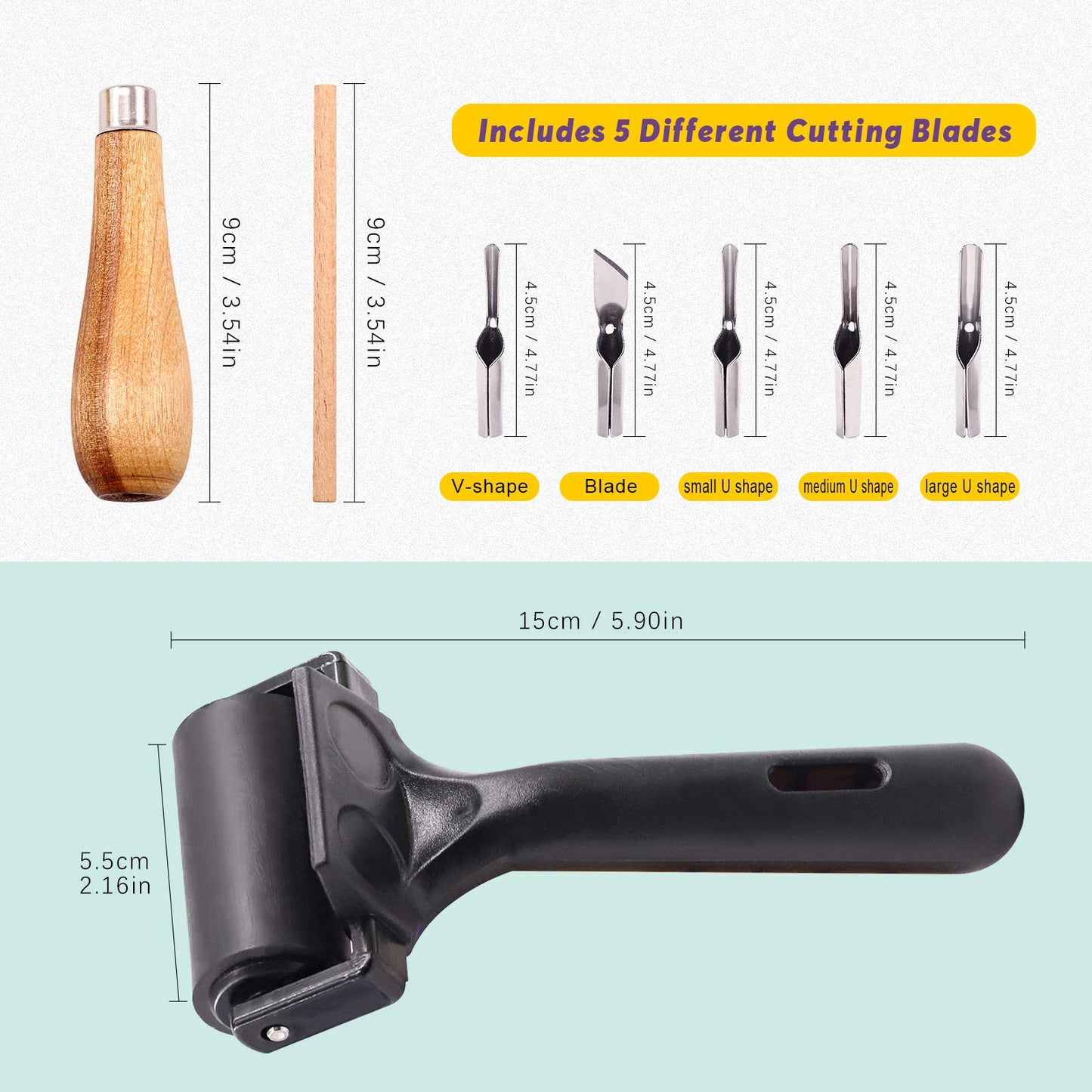 Swpeet 8Pcs Carving Rubber Tools, 6Pcs Scrapbooking Soft Rubber Stamp Carving Linoleum Blocks, 5 in 1 Linoleum Cutter Tools and Rubber Roller Brayer for Rubber Stamps, DIY Carving