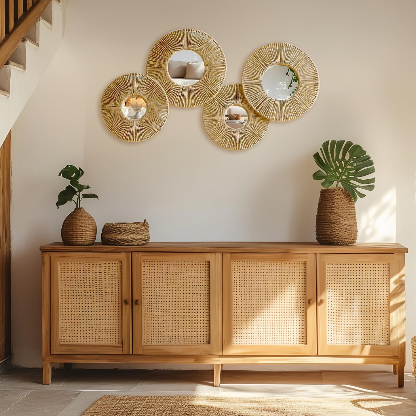 Artilady 4 Pack Hanging Baskets Wall Art - Decorative Woven Wicker Basket Boho Wall Hanging, Rustic Round Mirrors Natural Jute Home Decor Set for Bedroom Living Room Nursery