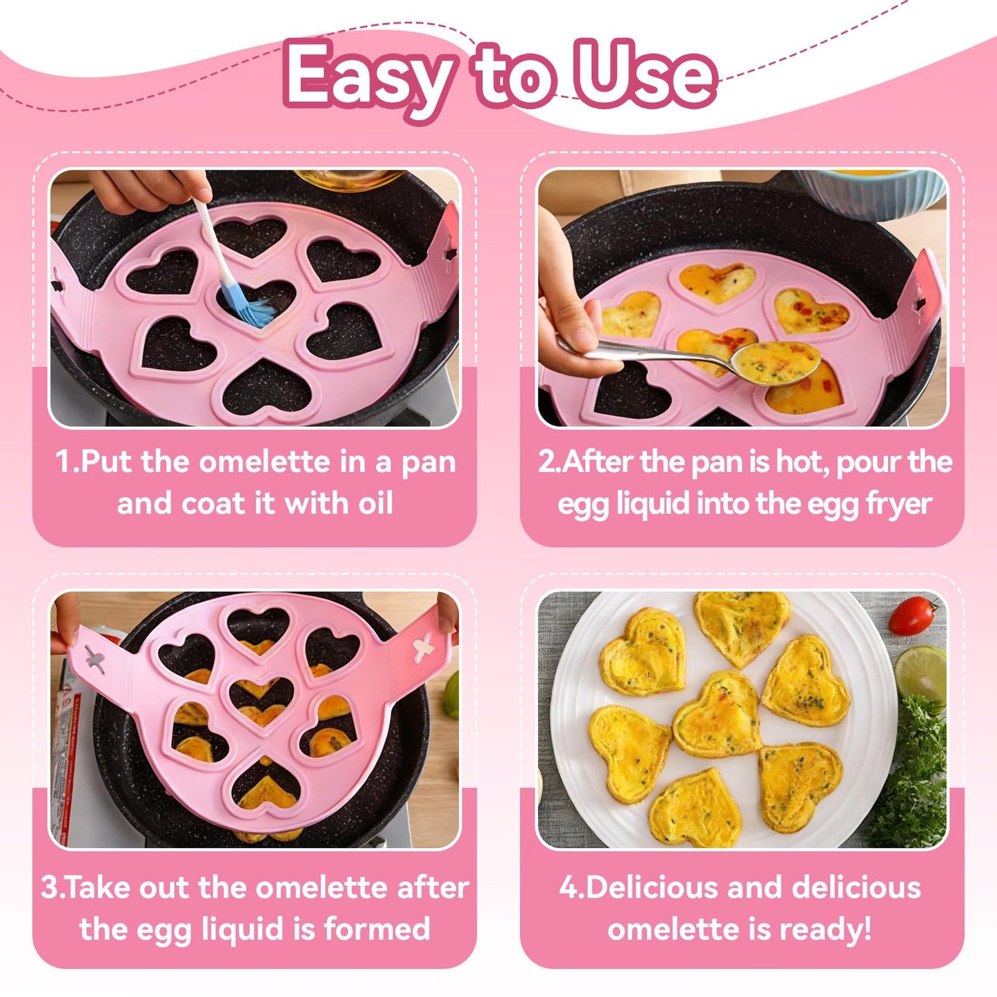 2PCS Pancake Maker Mold, 7 Cavity Star/Heart Shape Nonstick Reusable Silicone Egg Mold Ring with Handle Kitchen Cooking Baking Tools for Muffin Fried Egg Burger