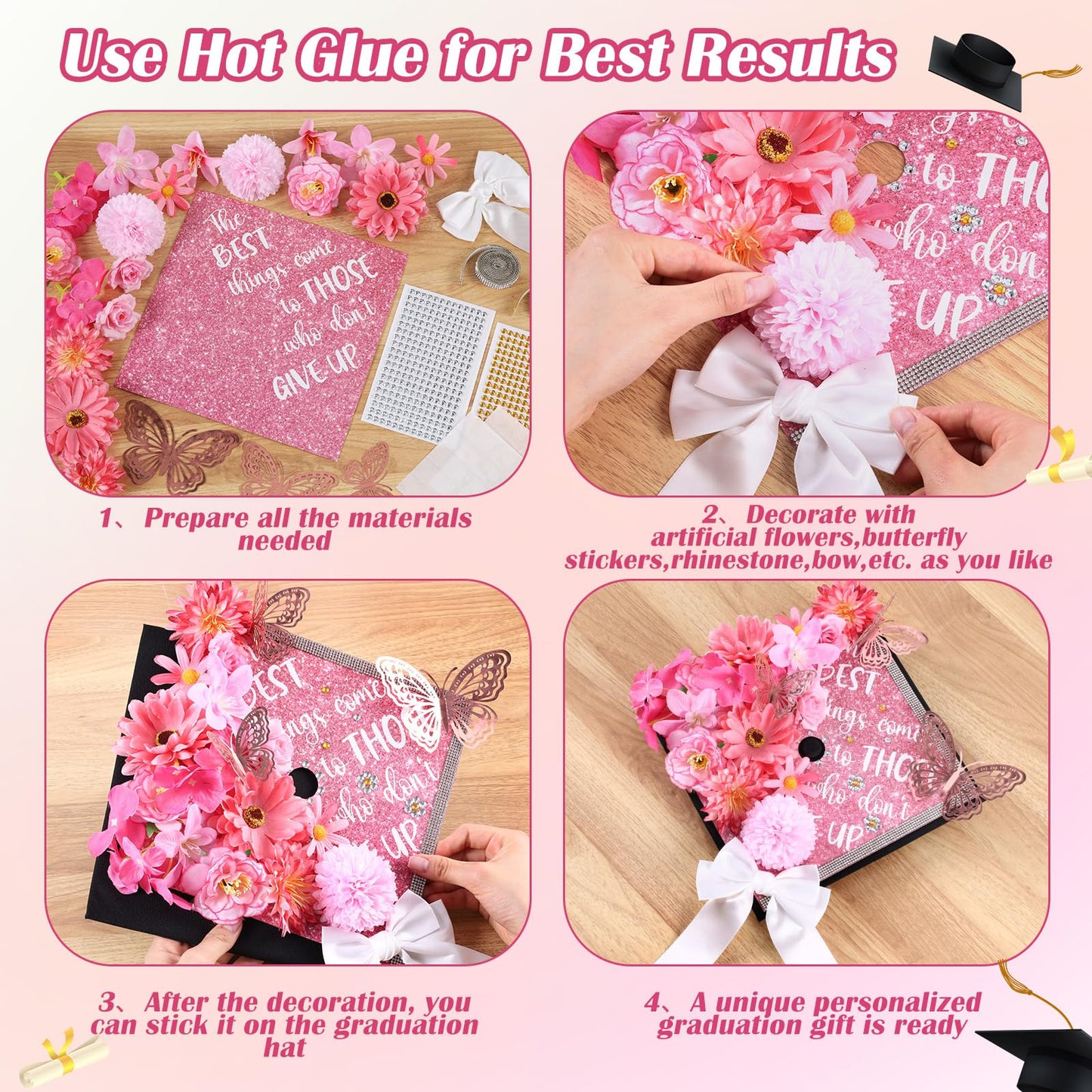Dunzoom 40 Pcs DIY Graduation Cap Decorations Kit Artificial Flowers Inspirational Cardstock 3D Butterfly Stickers Ribbon Bow Rhinestone Stickers for Grad Cap Topper Graduation Party(Pink)