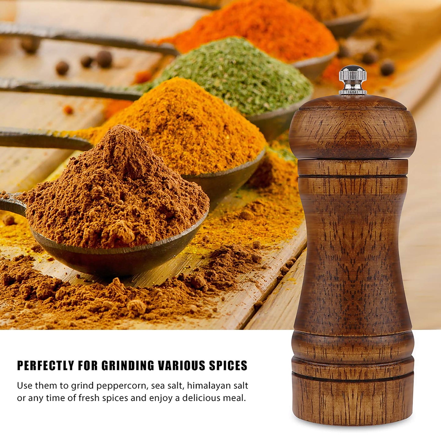 Pepper Mill - 5 inch Pepper Grinder Pepper Grinder Refillable Oak Salt and Pepper Grinder Set Sea Salt Grinder Ceramic Pepper Mill Grinder Adjustable Coarse to Fine pepper Grinder Mill (2Pack)