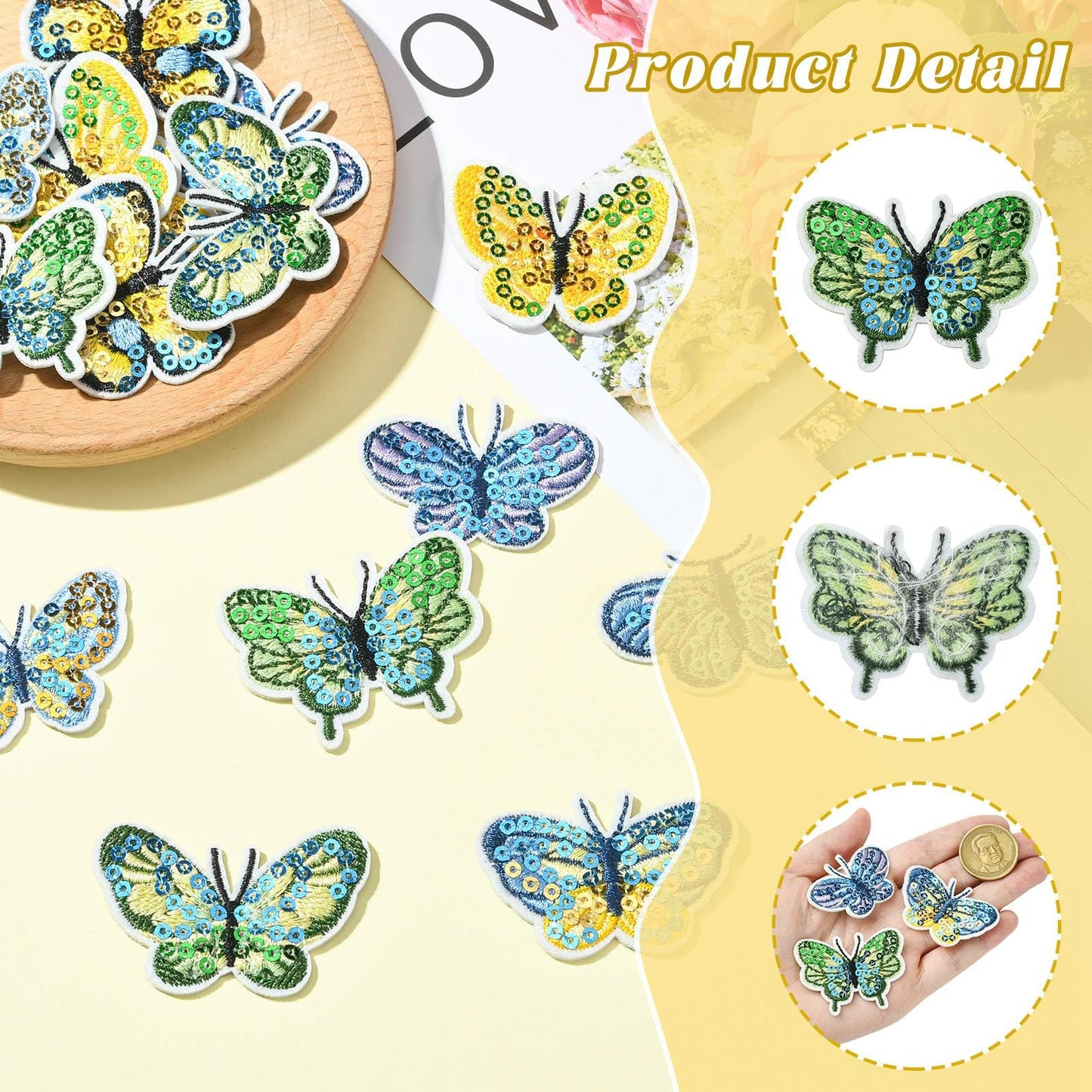 Gythara 16 Pcs 8 Styles Spring Butterfly Theme Polyester Patches Sequin Insect Animal Iron on Embroidery Appliques for Clothes Bag Backpack Sewing Craft Costume Accessories