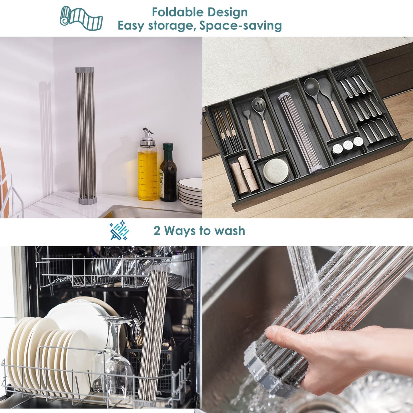 Tomorotec Roll Up Dish Drying Rack, Over The Sink Dish Drying Rack, Portable Stainless Steel Rolling Rack Multipurpose Kitchen Drainer Caddy Organizer Storage Shelf Holder, Gray