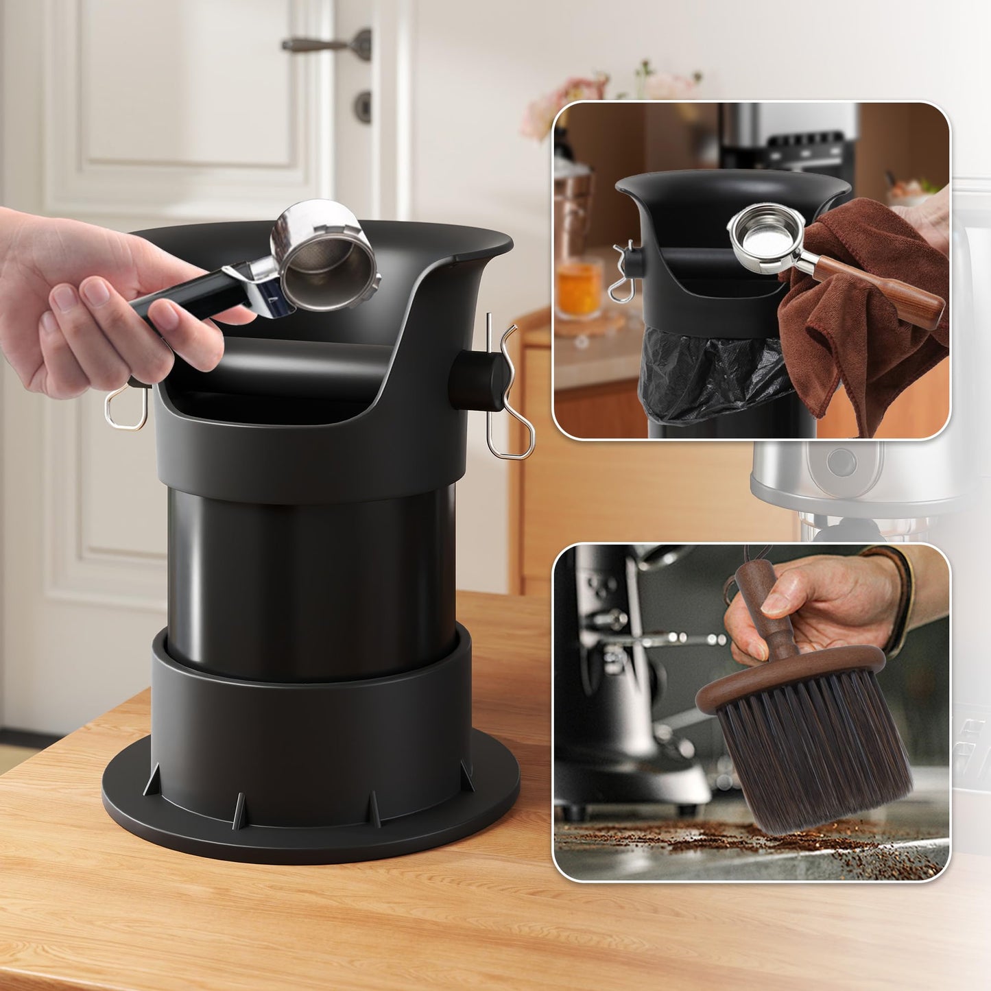 4L Espresso Knock Box, Coffee Grounds Disposal and Recycle Trash Can with Brush, Towel and 100 pcs Collecting Bags, Barista Essential Coffee Accessory for Cafe Shop Home Bars Office Work Breakroom