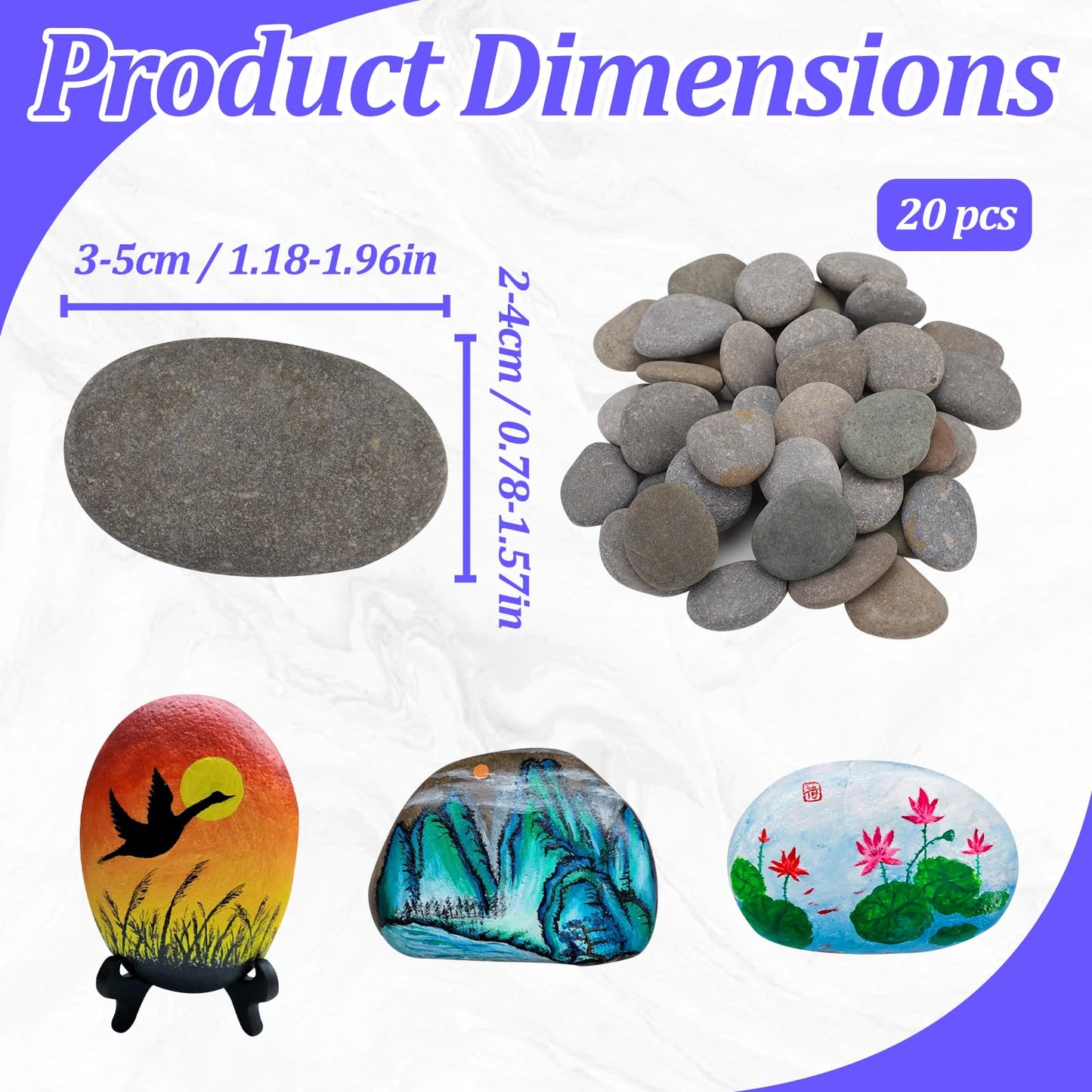 Huakaile 20 Pieces 1.18''-1.96'' Pebbles for Painting Rocks, Smooth Flat Stones for Painting Crafts Art DIY Decorative Creative Colouring