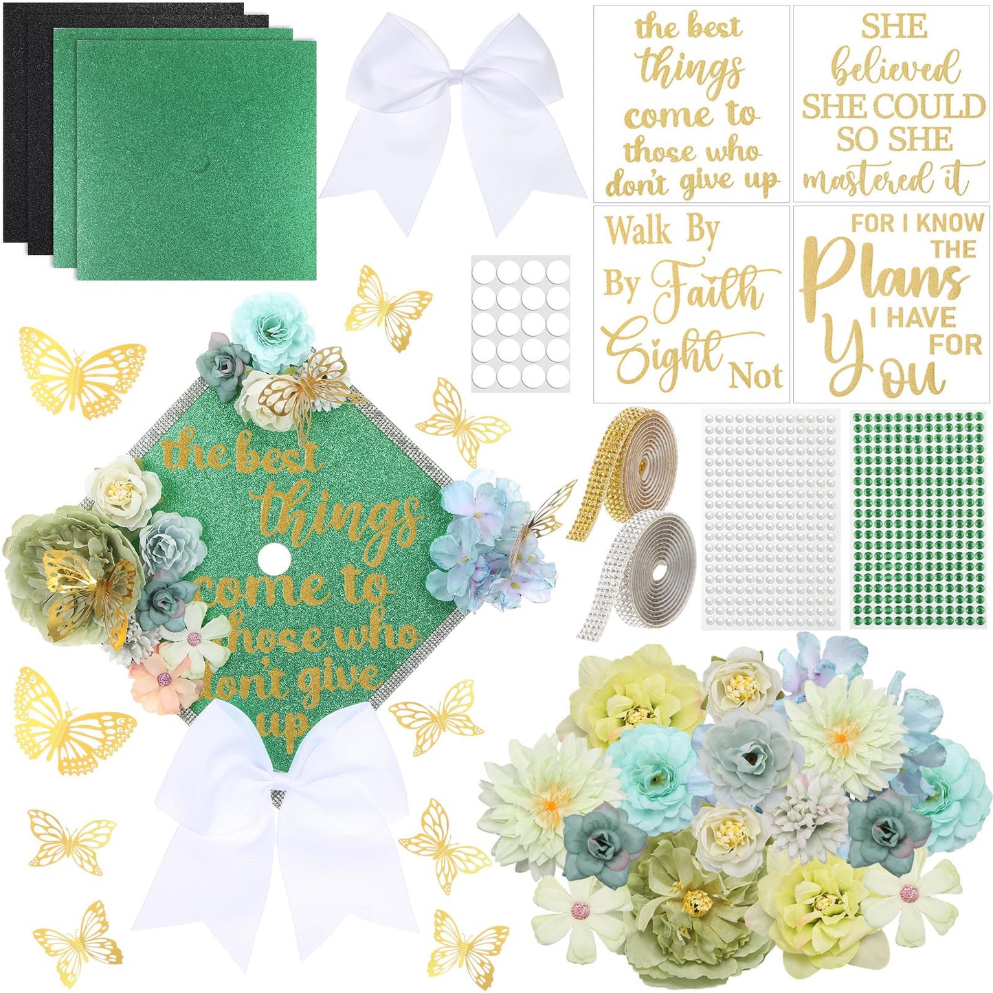 Gersoniel 42 Pcs DIY Graduation Cap Decorations Kit Include Faux Flower Heads Graduation Quote Glitter Sticker Bow 3D Butterfly Rhinestone Pearl Stickers for Grad Cap Topper Decor(Green)