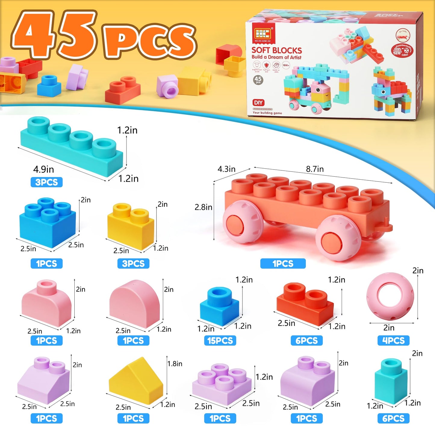 ZZXYPX 45pcs Soft Building Blocks for Toddlers - BPA-Free STEM Educational Toys Ages 18+ Months, Safe Preschool Learning Blocks for Creativity and Motor Skills Development