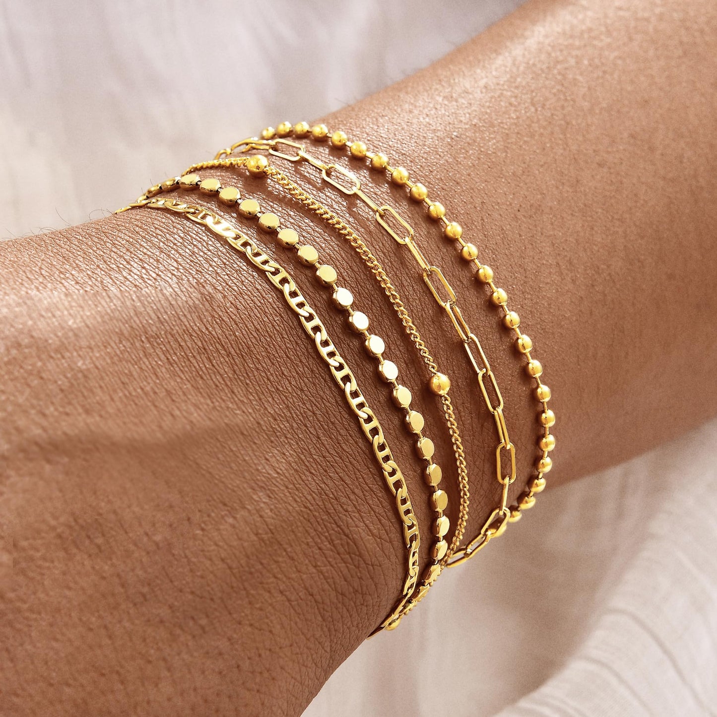 Striviio Gold Bracelets for Women, 14K Gold Plated Stackable Bracelet Stack Set Adjustable Charm Small Square Chain Snake Link Layered Waterproof Jewelry Sets Gifts