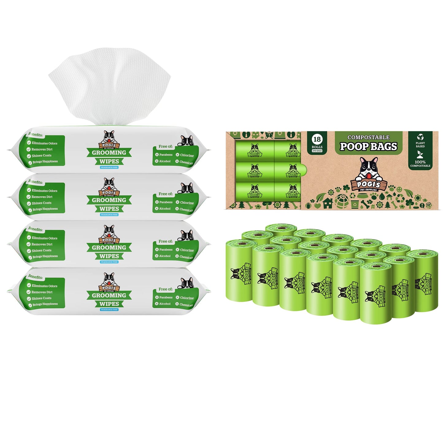 Pogi's Poop n' Wipe Combo Pack - 270 Compostable Dog Poop Bags and 400 Plant-Based Grooming Wipes Bundle