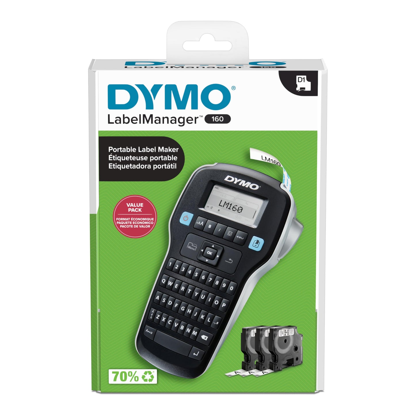 DYMO LabelManager 160 Portable Label Maker Bundle, Easy-to-Use, One-Touch Smart Keys, QWERTY Keyboard, Large Display, For Home & Office Organization, Includes 3 D1 label cassettes