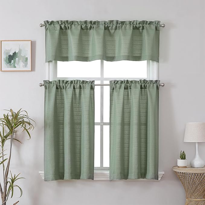 Chyhomenyc 2 Panels Short Kitchen Tiers Half Window Semi Sheer Curtains 24 Inch Length for Kitchen Bathroom Small Windows, Faux Linen Slub Textured Cafe Curtains, Sage Green, Each 30x24 Inch