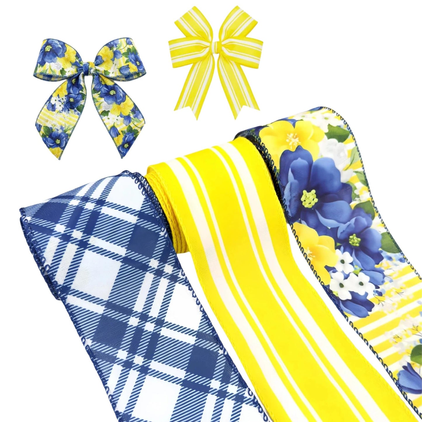 Spring Summer Blue Floral Wired Ribbon, Retro Yellow Blue Flower Ribbon for Bow Wreath Making DIY Gift Wrapping, Holiday Wedding Birthday Party Decorations, 3 Rolls, 2.5Inch,12 Yards (Blue)
