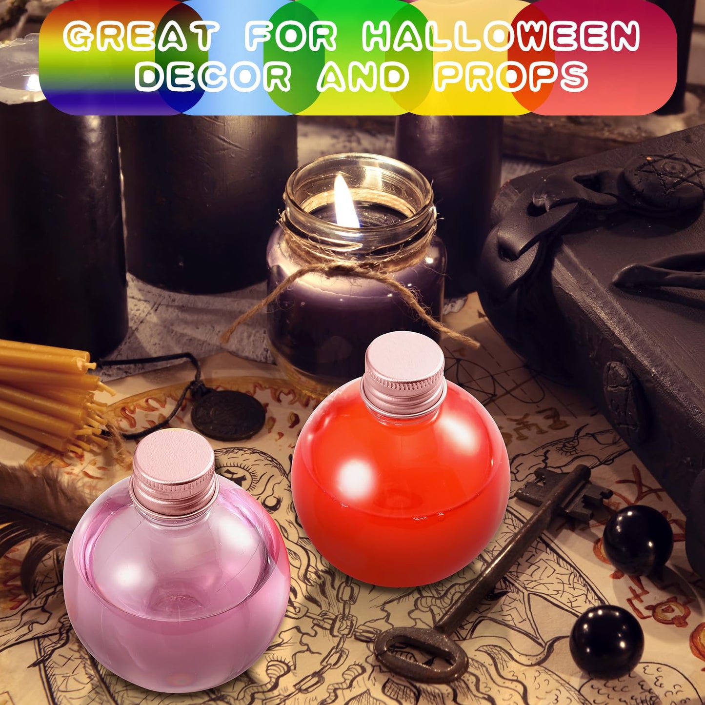 Layhit 24 Pcs Spherical Plastic Potion Bottles Ball Shape Round Bottles 3.4 oz Sand Art Jar with 5 Funnels Decorative ‌container Candy Jar for Valentines Birthday DIY Crafts(Rose Gold,Aluminum Lid)