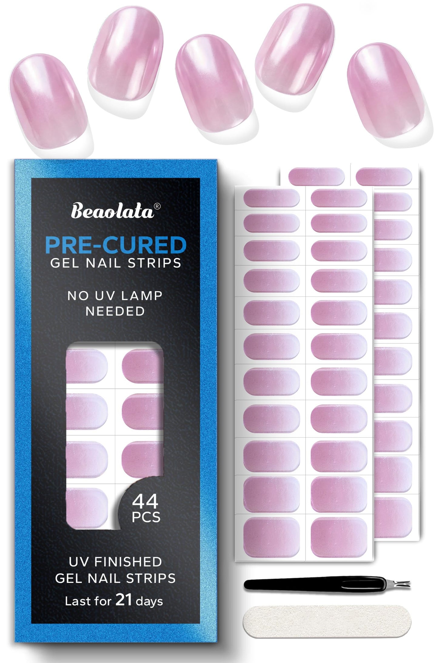 Beaolata Real Gel Nail Strips (No UV Light Needed) - 44Pcs Salon Quality Nail Stickers - Long Lasting Polish Wraps for Women, Easy Apply & Remove (Chrome Peach Pink)
