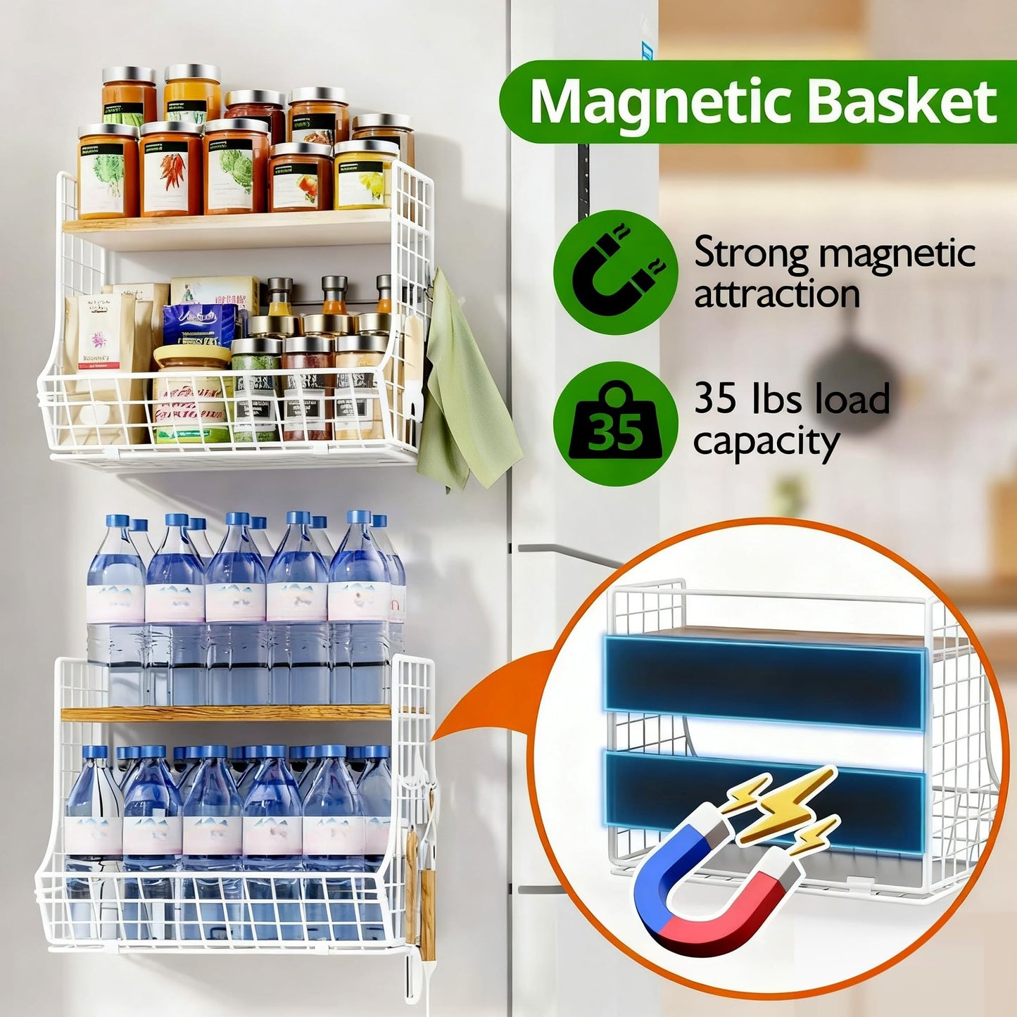 Magnetic Shelf for Fridge with Wood Lid, Fruit Potato and Onion Storage Bins, Pantry Organizers and Storage, Strong Magnetic Spice Rack for Refrigerator, Kitchen Counter and Laundry Room (X-Large)