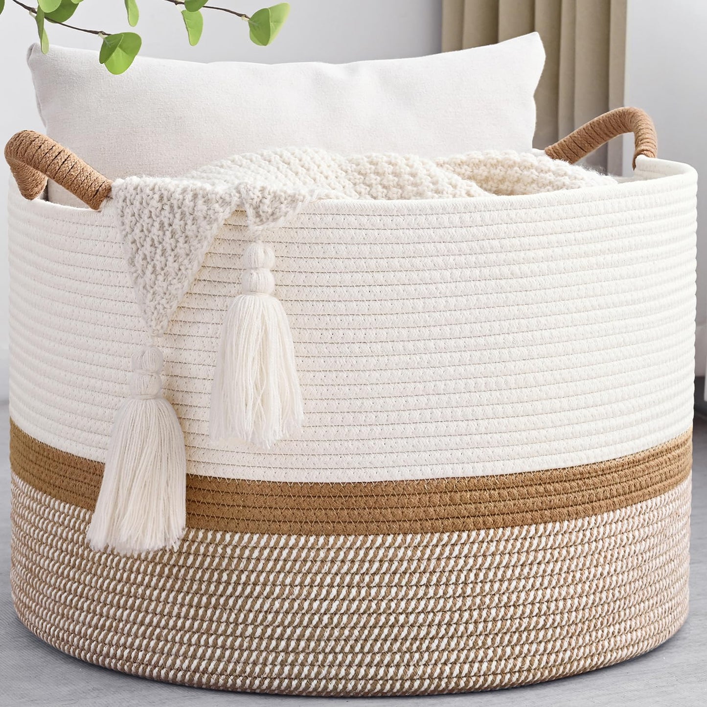 Degeyoyo 67L Large Blanket Basket, 20"x13" Woven Storage Baskets With Handle, Cotton Rope Blanket Basket Living Room, Baby Laundry hamper for Blanket, Nursery, Toy, Pillow (White & Brown)