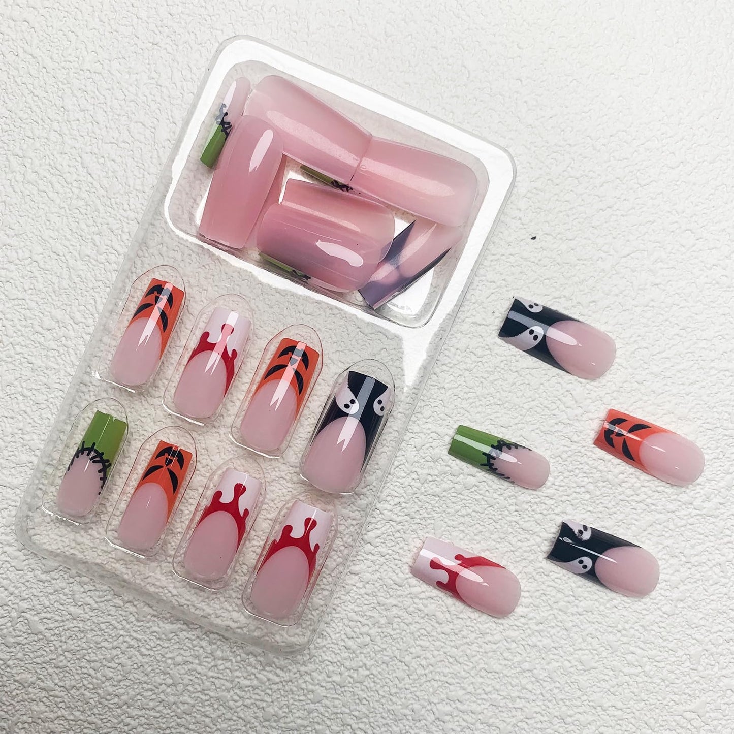 Halloween Press on Nails Long Sqaure Fake Nails French Tips Nails Press ons Pumpkin Ghost Face Acrylic Nails Wound Blood Designs False Nails Glossy Glue on Nails for Women Girls 24Pcs