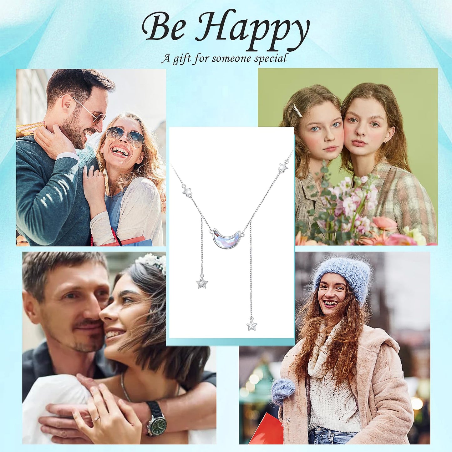 Ladytree 925 Sterling Silver Crescent Moon and Stars Celestial Jewelry CZ Created Moonstone Pendant Necklace Rolo Chain 18 inches to 20 inches