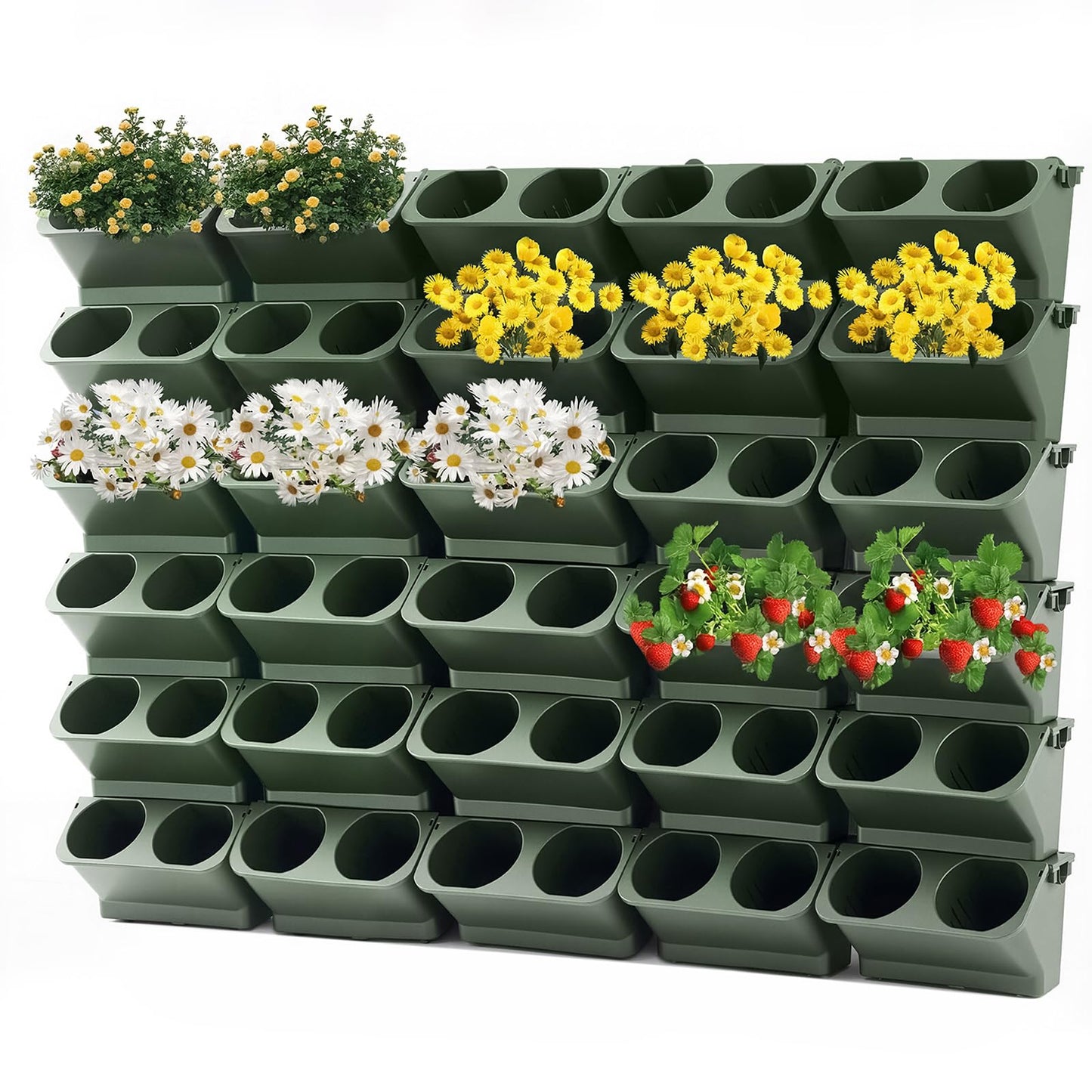 Briwooody 30 Set 60 Pocket Vertical Stackable Wall Planters Kit Outdoor Self Watering Plastic Planter Grow Hang Mount System for Strawberry Flower Vegetable Home Fence Balcony Wall Decor