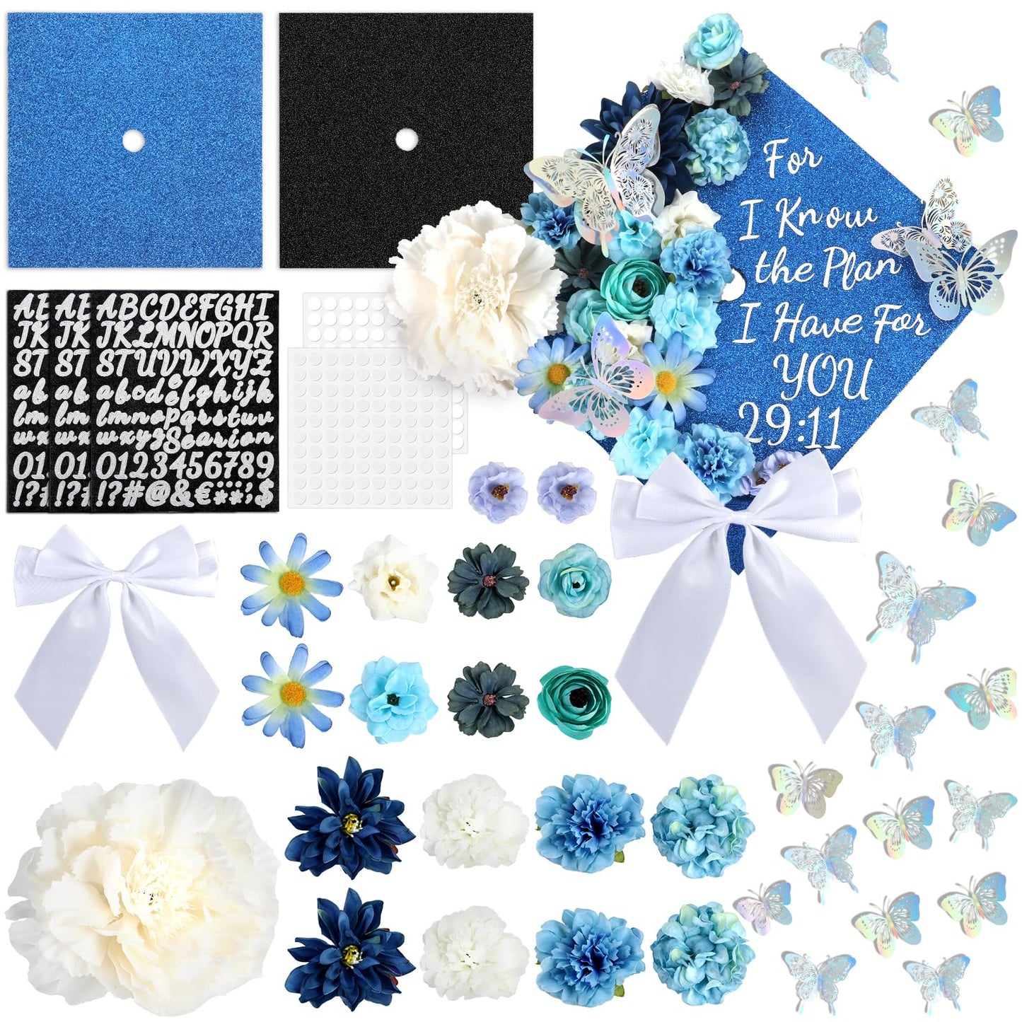 Naozinebi 55 Pcs Blue DIY Graduation Cap Decorations Faux Assorted Flowers blue Bows 3D Butterfly Stickers Glitter Alphabet Letter Number Decals for DIY Hat Grad Cap Topper Graduation Party Supplies