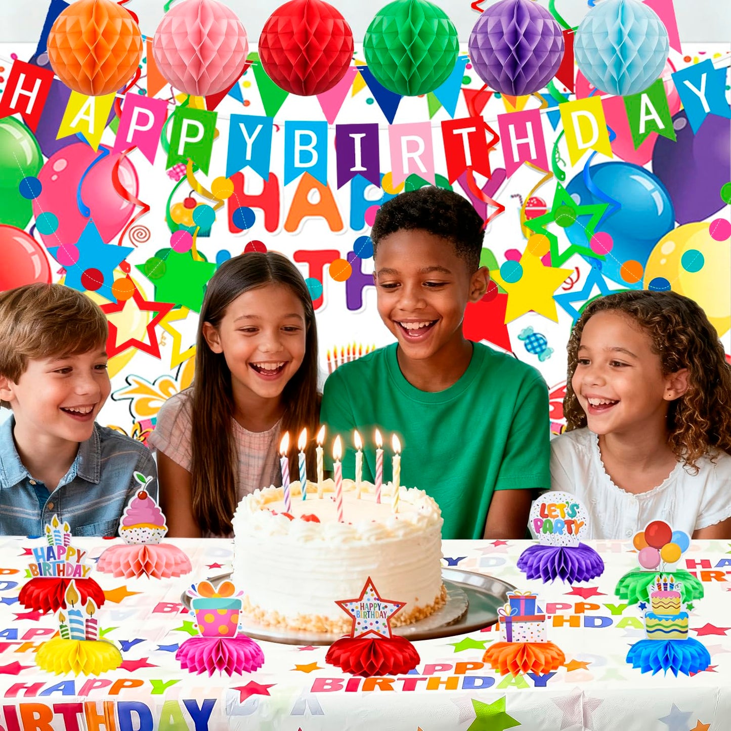 Happy Birthday Party Decorations Kit Includes Honeycomb Balls Star Hanging Swirls Backdrop Cloth Tablecloth Banners & Circle Garland Honeycomb Centerpieces for Party Supplies
