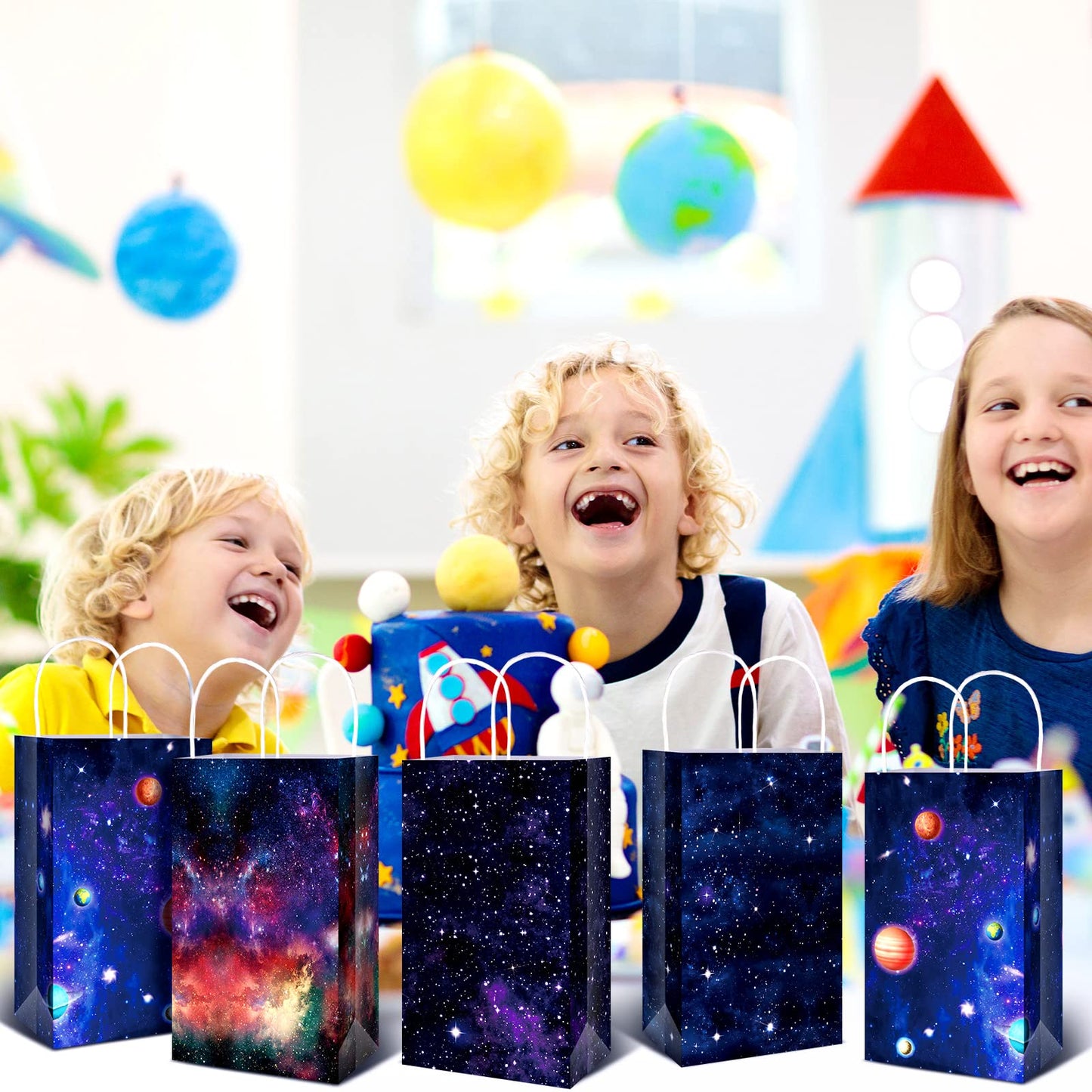 Nezyo Outer Space Present Bags - 24 Pack Galaxy Gift Bags for Kids' Space Theme Party Supplies(Galaxy Style)