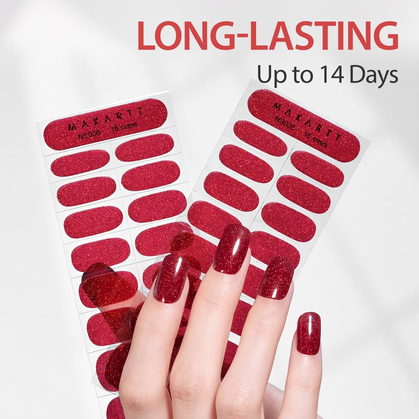 Makartt Semi Cured Gel Nail Strips Kit 2 Packs – Real Gel, Hema & TPO Free, 16 Sizes Anti-Lift Fit, UV Light Required, Salon Quality, Long Lasting, Includes Dual-Ended Tool & Prep Kit (Red Glitter)