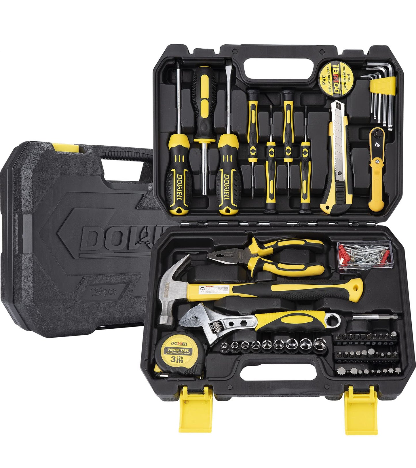 DOWELL Tool Set, Auto Repair Household Tool Kit with Socket, Wrench, Screwdriver, Bits Set and Plastic Toolbox Storage Case, HYT128 (128 Pieces)