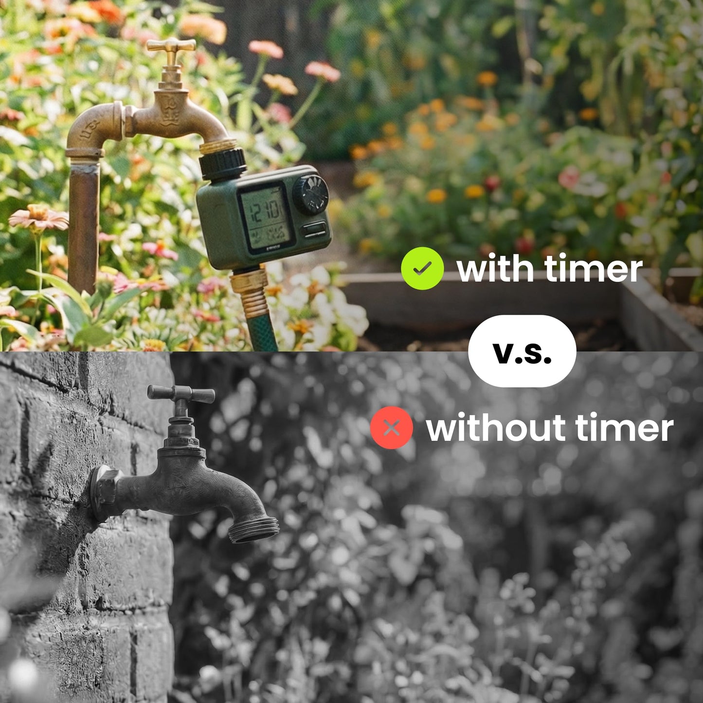Soildrops Sprinkler Timer for Garden Hose, Programmable 1 or 2 Outlet Controller with Self-Cleaning Valve, 15-Day Frequency, Large Dial, Rain Delay & Auto-Off, IPX5