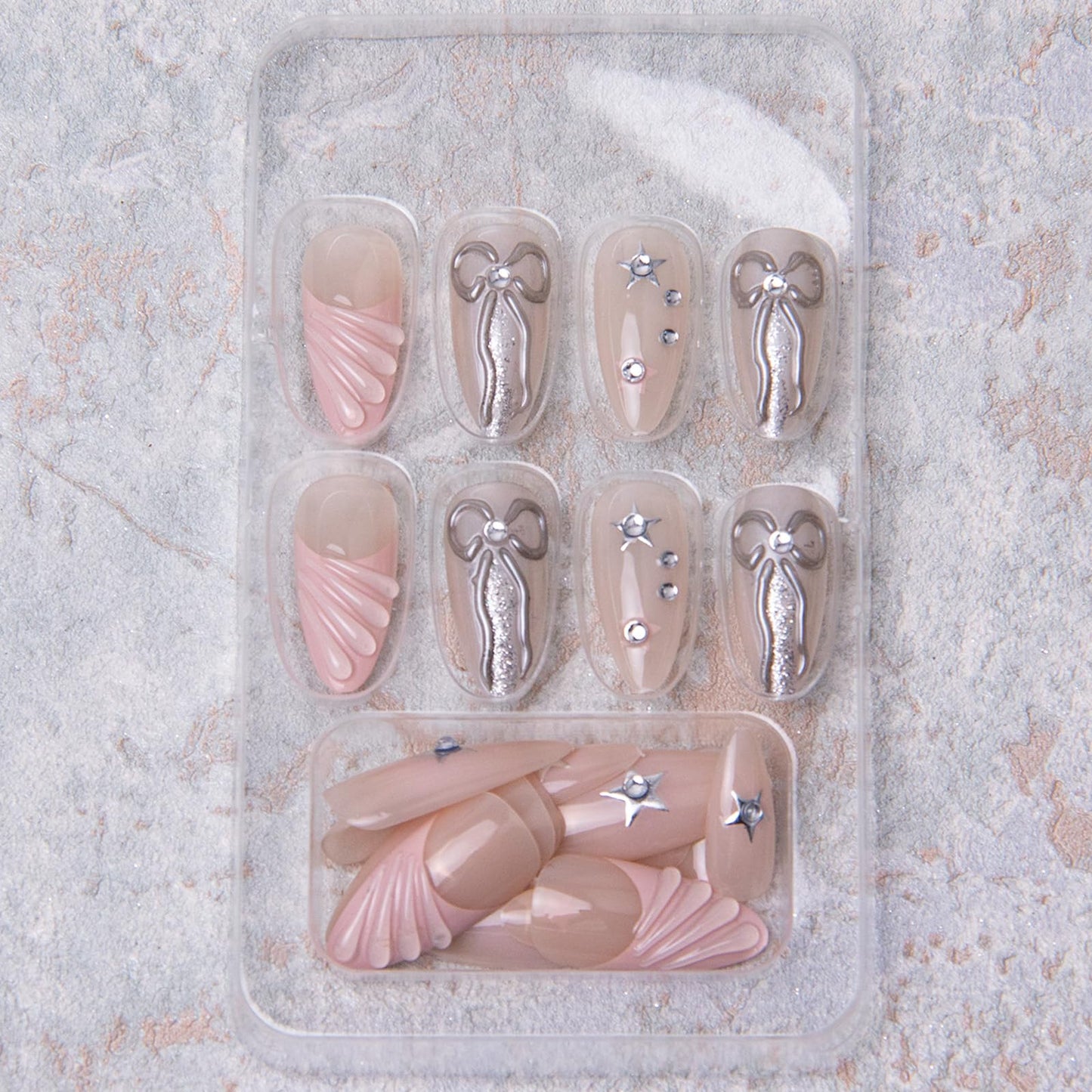 Almond Press on Nails Medium Fake Nails French Tip False Nails 3D Soft Gel Bow Star Stick on Nails Glossy Artificial Nail Press ons with Rhinestone Designs Glue on Nail for Women 24Pcs