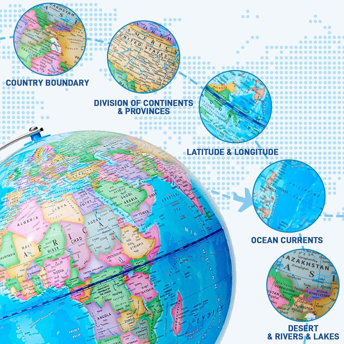BSHAPPLUS 13 inch World Globe for Kids Large Educational Classroom Globe with Rewritable Surface and Sturdy Metal Base HD Waterproof Map for Learning