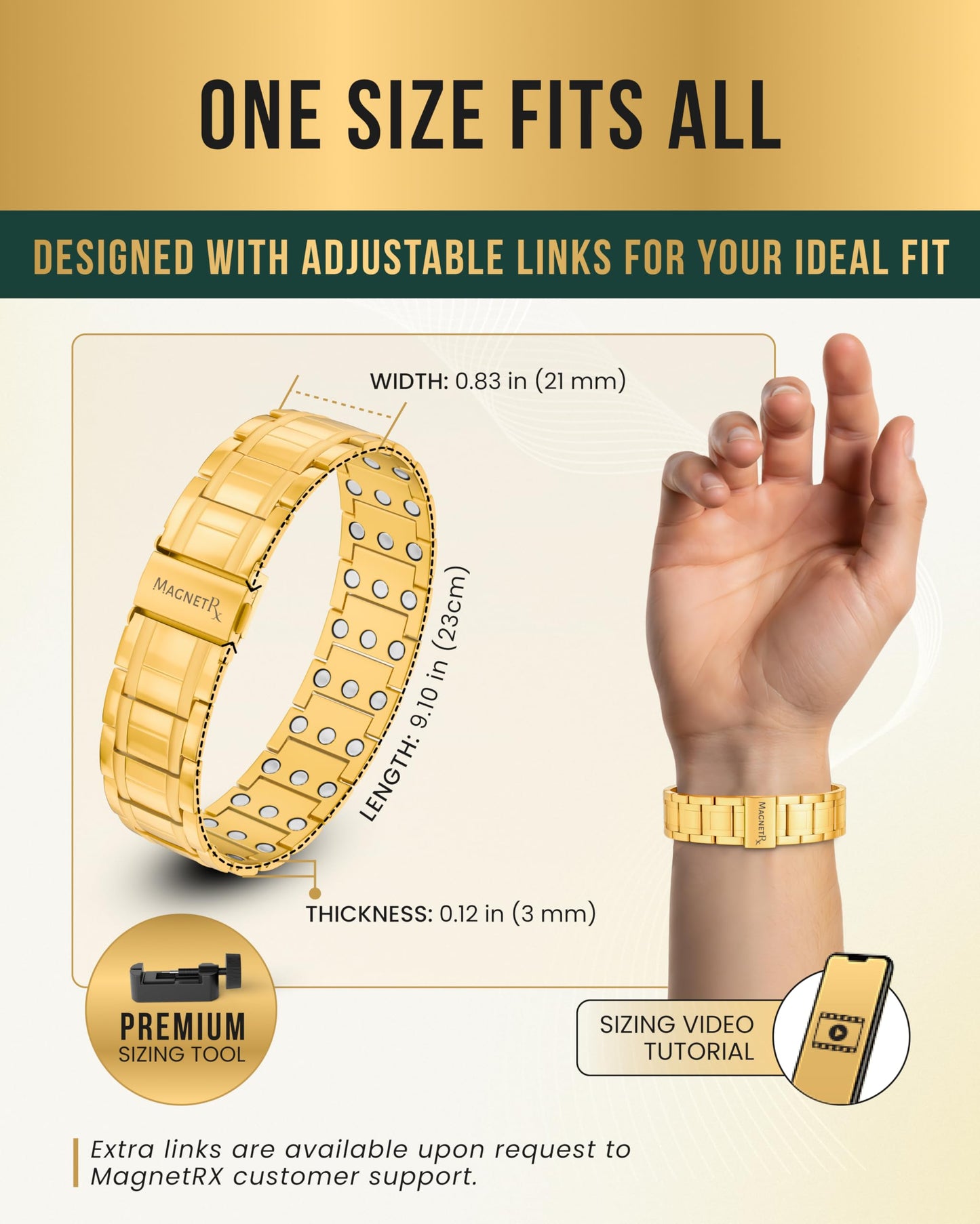 MagnetRX® 3x Strength Magnetic Bracelets for Men – Effective Magnetic Mens Titanium Bracelet – Premium Fold–over Clasp & Adjustable Length with Sizing Tool & Gift Box (Gold)
