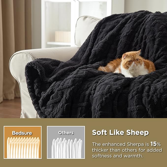 Bedsure Sherpa Fleece Throw Blanket for Couch - GentleSoft Fluffy & Cozy Cable Jacquard Tufted Throw for Women Gift, Thick and Warm Blankets for Winter, Black, 50x60 Inches