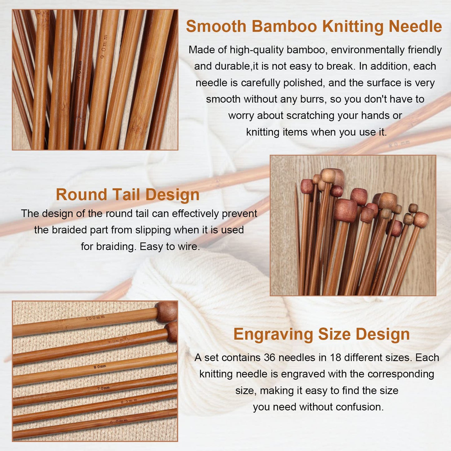 Aeelike 18 Pairs Bamboo Knitting Needles Set - 10 Inches Wooden Knitting Needles Single Point with Roll Bag - Portable Knittings Needle Set for Beginners (2mm - 10mm)