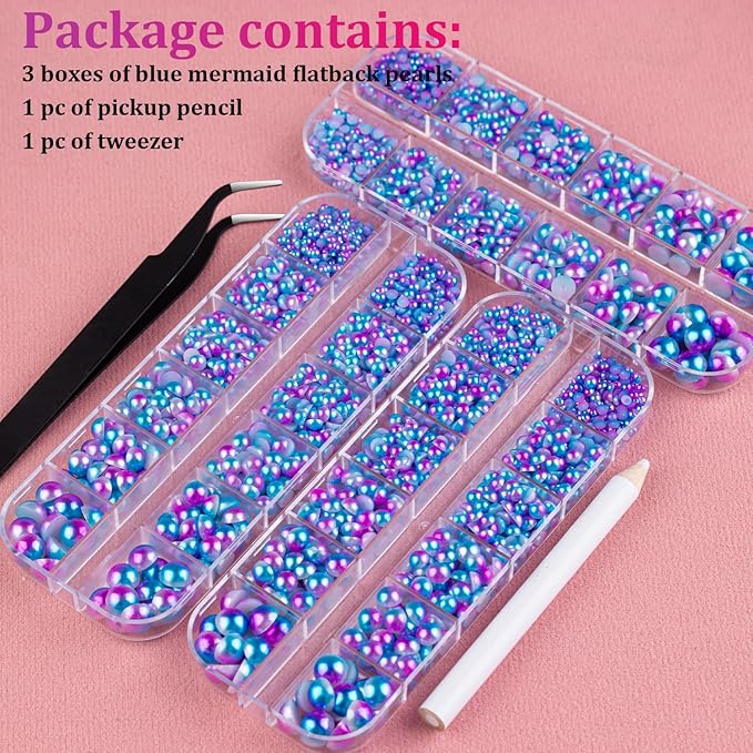 Belleboost Flat Back Pearls Kits 3 Boxes of Flatback Blue Mermaid Half Round Pearls with Pickup Pencil and Tweezer for Home DIY and Professional Nail Art, Face Makeup and Craft