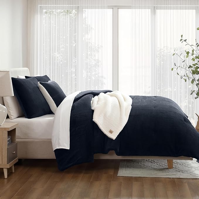 UGG Remina Comforter Set 5 Piece Bed in a Bag with Throw Blanket, Decorative Pillow, Shams, and Reversible Comforter Hypoallergenic Washable Luxury Warm Fluffy Bedding Set, Full/Queen, Navy Blue