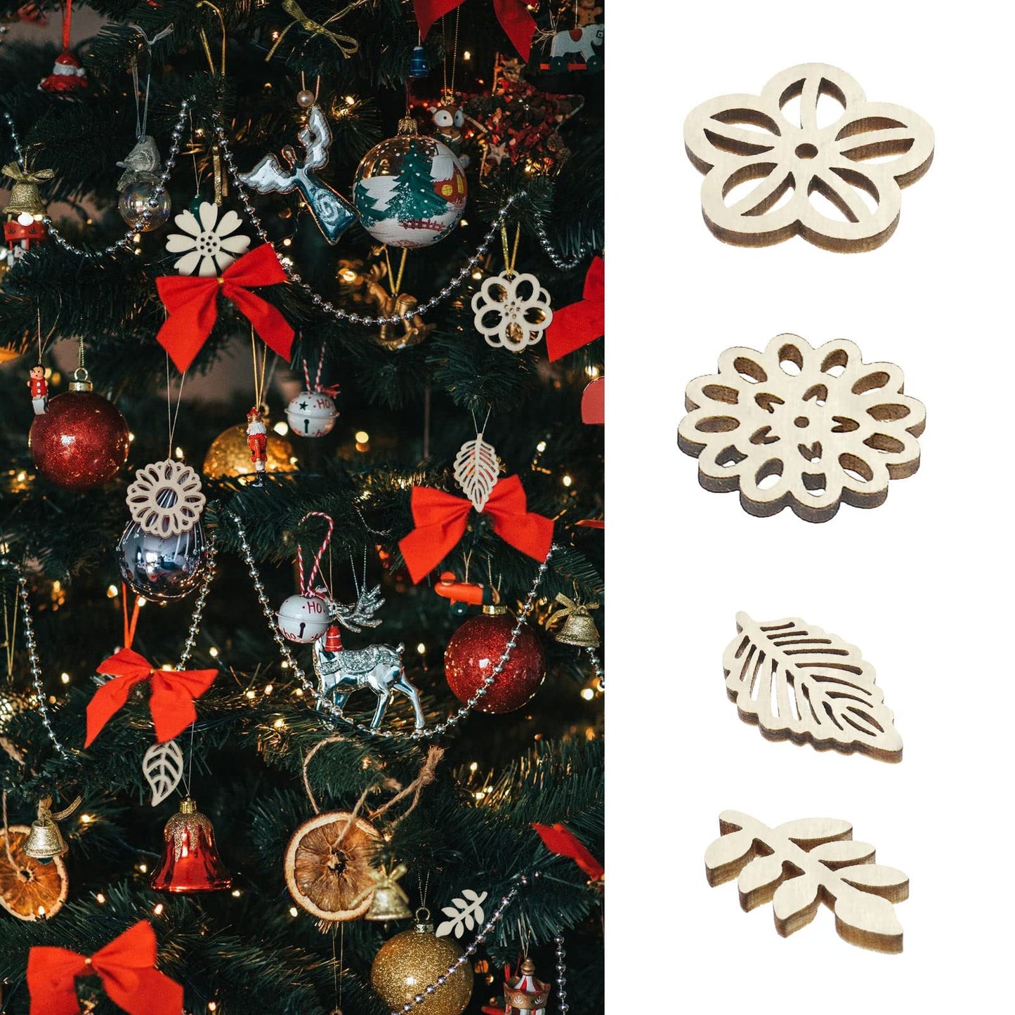 Micro Traders 100PCS Flower & Leaf Shapes Wooden Slices Wooden Embellishments Decorative Wood Chips Ornaments for DIY Scrapbooking Card Making Crafts