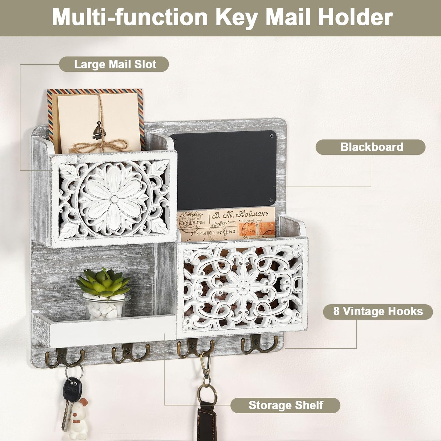 Dhmkfly Mail Organizer Wall Mounted, 2 Slots Key Holder for Wall with 8 Hooks, Rustic Wood Key Rack with Shelf for Entryway Hallwall Farmhouse