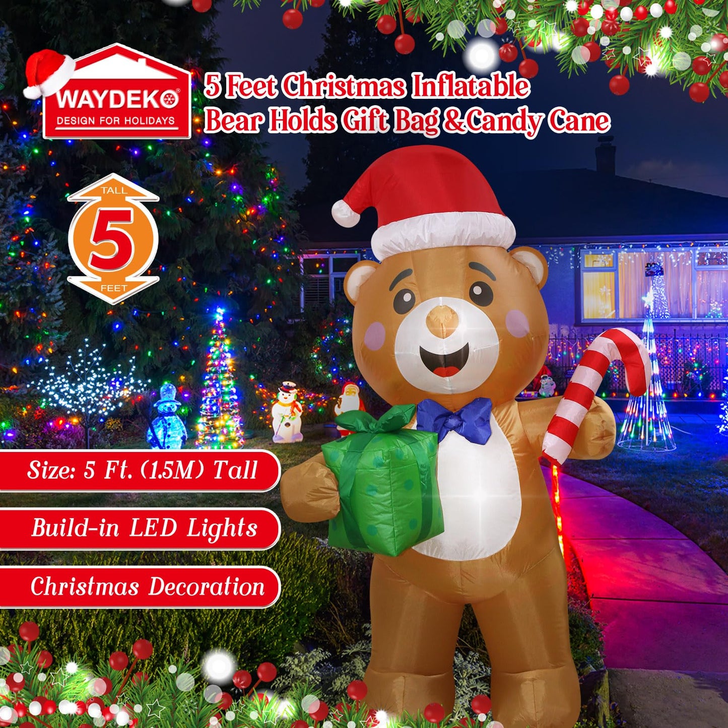 Christmas Inflatables Bear Gift Box Candy Cane Lighted Yard Lawn Inflatable Decoration with Built-in Fan and Stakes Ropes Holiday Party Decor, Christmas Decor (5FT-Bear Holds Giftbox & Candy Cane)
