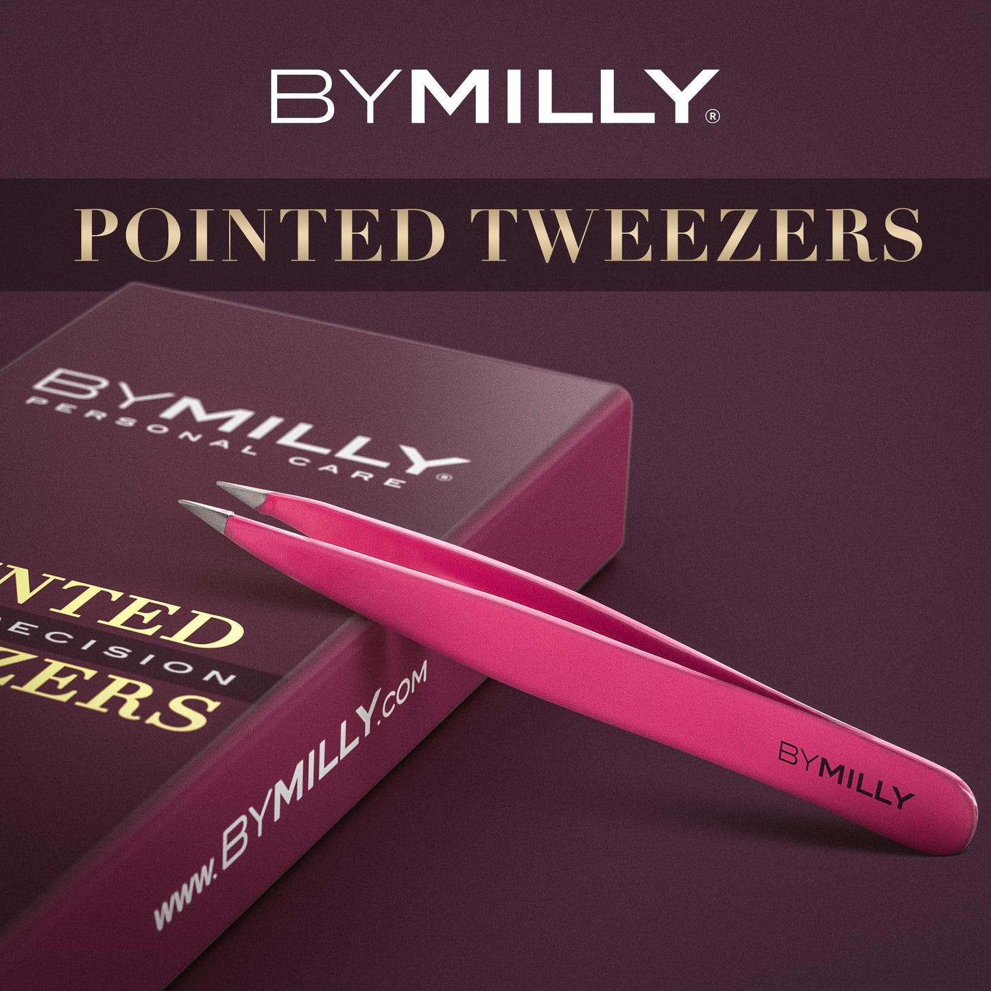 By MILLY Pointed Tweezers | High Carbon Stainless Steel Needle Nose | Fine Point Precision Hair Removal | Perfectly Aligned & Hand-Filed Sharp | Pink