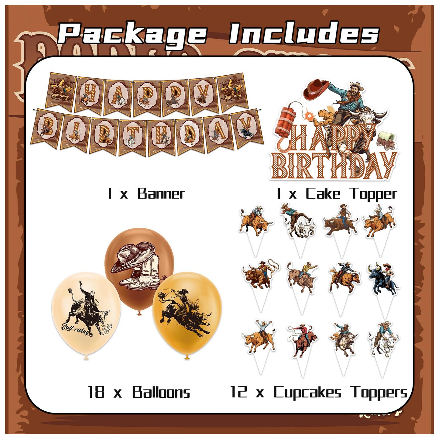 Bull Riding Birthday Party Decorations Bull Riding Party Supplies Kit with Banner, Cake Topper, Cupcake Topper, Balloons for Bull Riding Decoration Western Cowboy