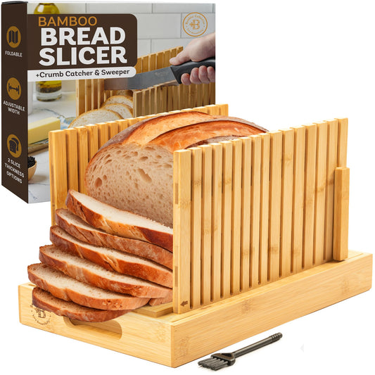 Bread Slicer for Homemade Bread - Bambüsi Upgraded Adjustable Bamboo Bread Cutter Board, Foldable Slicing Guide with Crumb Tray for Sourdough, Artisan Loaves, Bagels, Cakes, Bakery Kitchen Gadget Gift