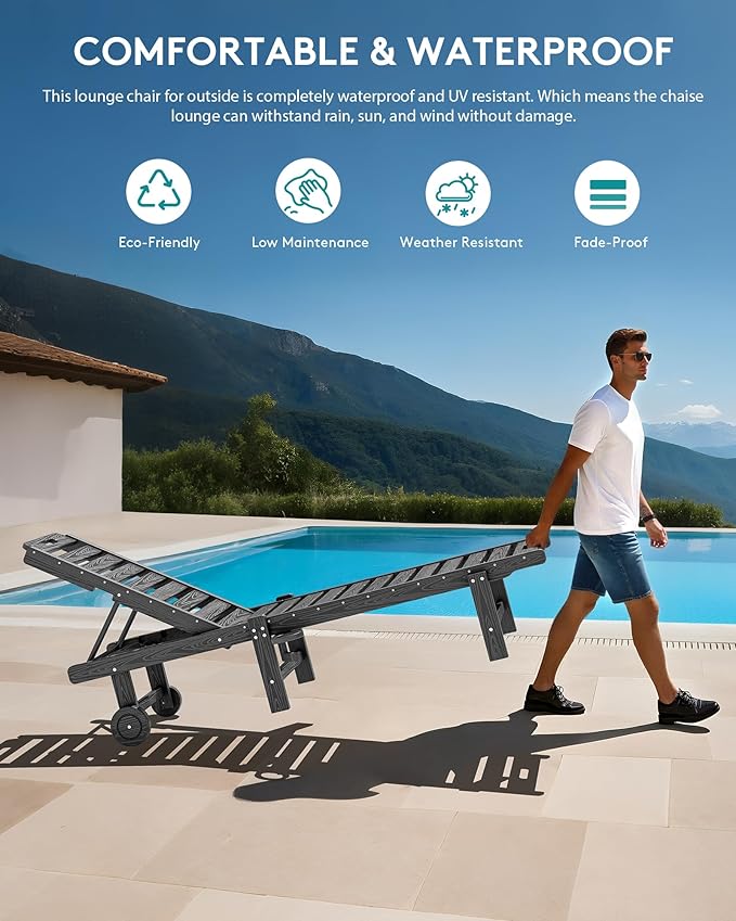 SERWALL Outdoor Chaise Lounge Set of 6, HDPE Pool Lounge Chair with 5-Position Adjustable Backrest, Patio Lounger with Rolling Wheels & Cup Holder for Pool, Grey